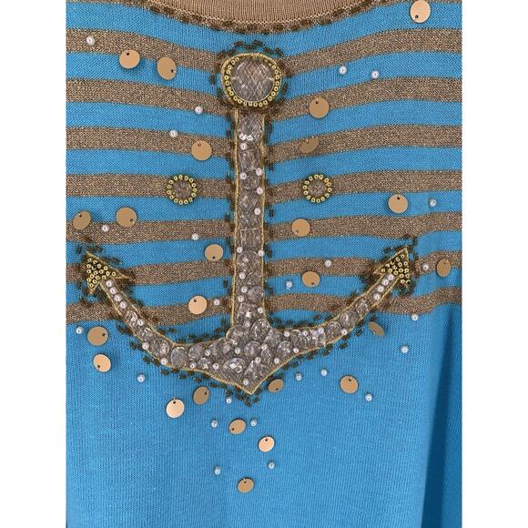Quacker Factory Blue Gold Metallic Beaded Anchor Sweater Nautical M - Picture 4 of 10